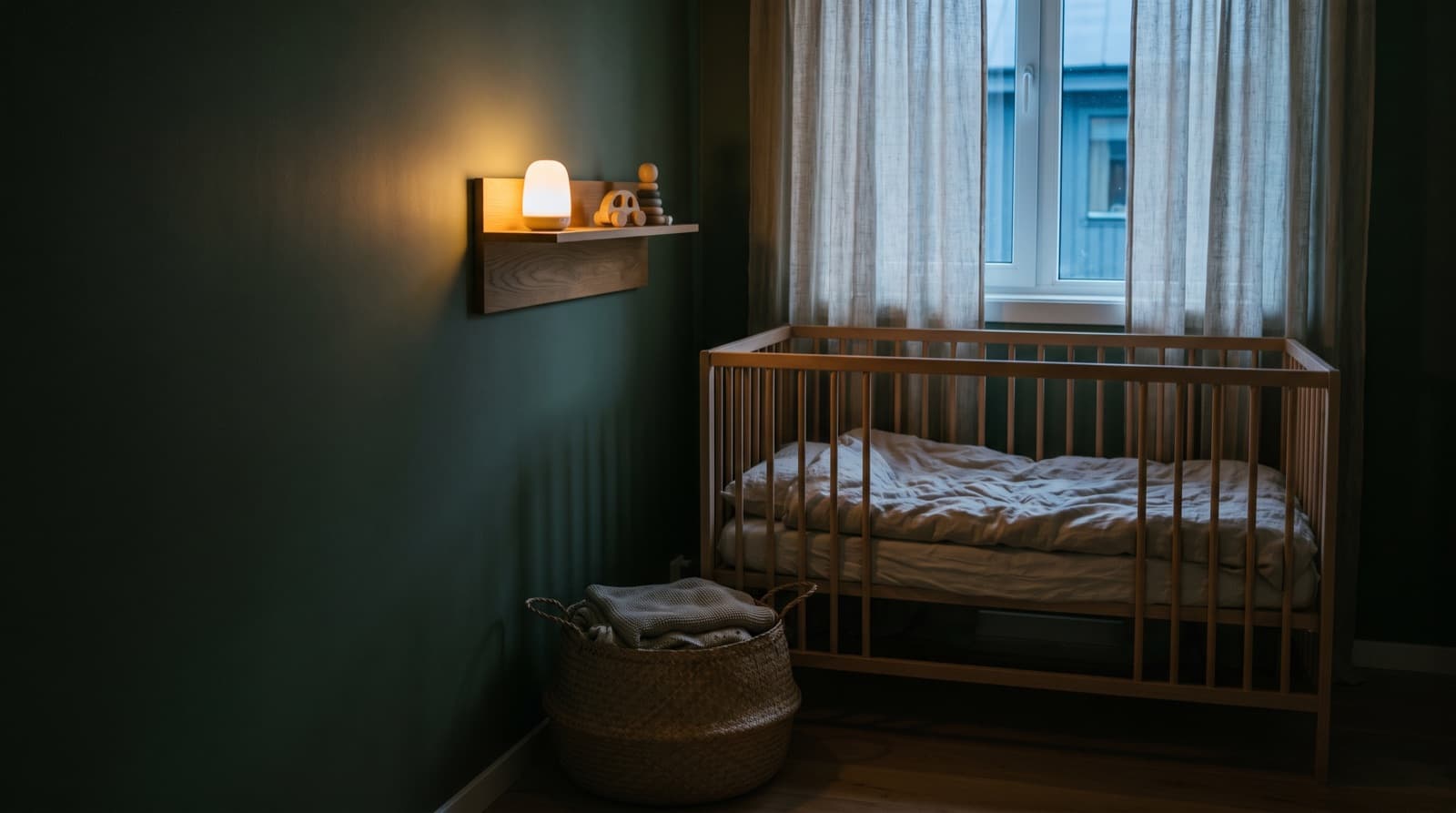 Chambre à la tombée du jour, éclairée par la seule veilleuse posée sur l'étagère