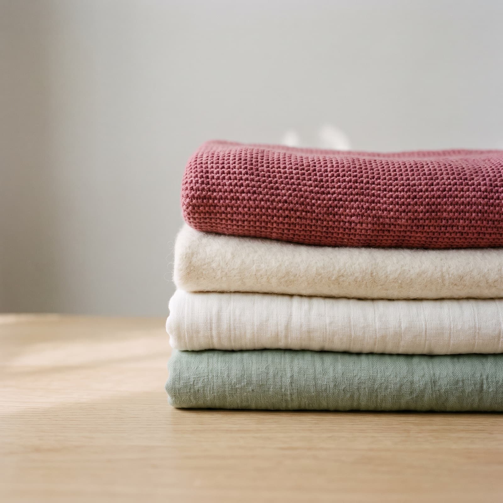 Quatre textiles pliés côte à côte : coton sauge, mousseline écrue, laine crème et maille rose